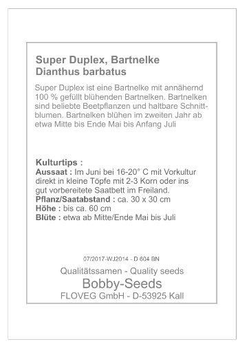 Bobby-Seeds Blumensamen 2-jährig Bartnelke, Gefüllte Prachtmischung Duplex Portion - 3
