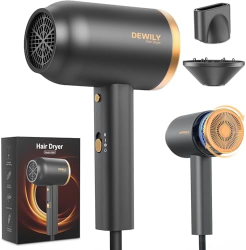 DEWILY Asciugacapelli ionico con diffusore –1800W per un’asciugatura rapida con tasto caldo/freddo, asciugacapelli con diffusore termoregolato, 3 livelli di calore, 2 velocità,Oro e Nero