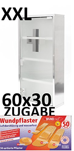 60cm MAXI Erste Hilfe Medizinschrank EDELSTAHL GLAS + 50 Wundmed Pflaster Gratis Zugabe