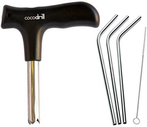 CocoDrill Coconut Opener Tool + 3 Reusable Straws -COMBO PACK - Stainless Steel Drinking Straw + Cleaner - Eco Friendly, SAFE, NON-TOXIC by CocoDrill