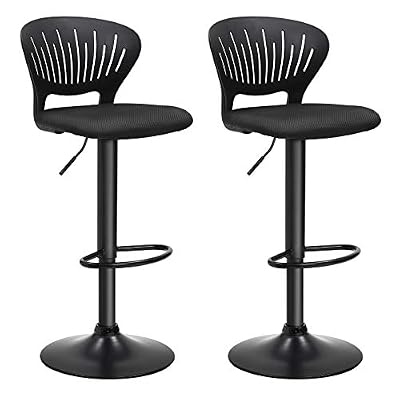 SONGMICS Tabourets de Bar, Lot de 2, Hauteur réglable, Assise rembourrée, Dossier en Forme de Couronne, Tissu Respirant, Pivotant, pour Cuisine, Bar, Noir LJB04BK