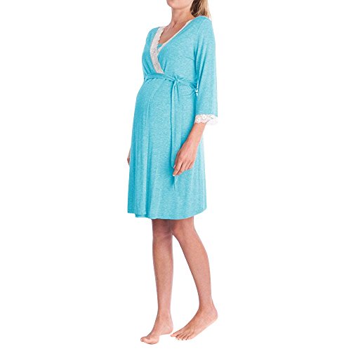 Lenfesh Robes de Vêtements maternité - Robe de Nuit en Dentelle pour Femme - Pyjamas de bébé de Soins Infirmiers de maternité avec Le Bandage de Taille (XL, Bleu)