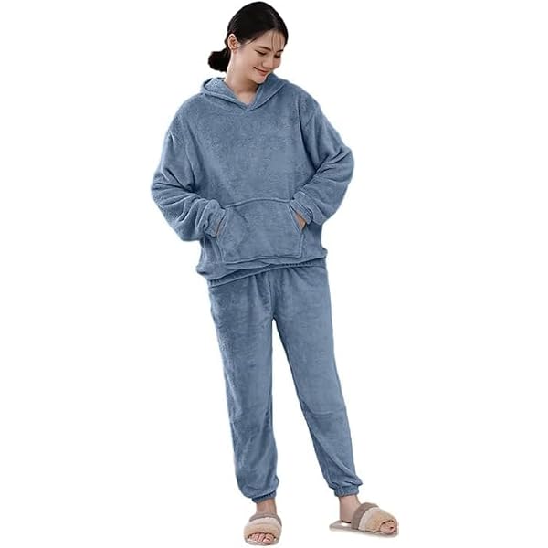 Cigain Women's Winter Night Suit - Fleece-Lined Top & Pajama Pants Set, Blue, Regular Fit, Warm Nightwear