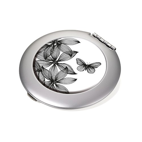 TROIKA BLACK FLOWERS TASCHENSPIEGEL – #COM03-A152 – rund, silber – Spiegel und Vergrößerungsspiegel (1:2) – glänzend verchromt – mit Design-Aufkleber – Aluminium – TROIKA-Original