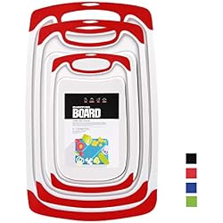 Planches à Découper en Plastique,Plastique sans BPA de Cuisine Planches à découper Rainure de Jus, Antimicrobienne Résistante à la Chaleur et Non-Toxique (Set de 3) (Rouge)