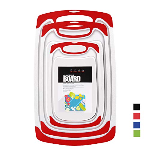 Planches à Découper en Plastique,Plastique sans BPA de Cuisine Planches à découper Rainure de Jus, Antimicrobienne Résistante à la Chaleur et Non-Toxique (Set de 3) (Rouge)