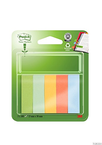 6xPost-it 15mm x 50mm Recycled Note Page Markers - Blue/ Banana Yellow/ Mandarin Orange/ Light Green/ Grass Green (100 Sheets of Each Colour)