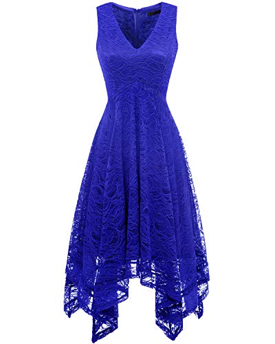 Bridesmay Robe Dentelle Femme Asymétrique Robe Demoiselle d'honneur Cocktail Bal Mariage Fête Robe de Soirée Pin up Col en V sans Manche Royal Blue XL