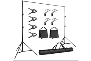 Support de Fond Réglable 2x3m + 8 Pcs Pinces, Léger, Non Rouillé, Vevelux Support de Toile de Fond avec 2 Sacs de Sable et 1 Sac de Transport pour Portrait Photo Studio Vidéo