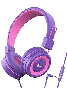 iClever Headphones for Girls Kids Headphones with Mic, Foldable Headset for Kids, Adjustable Headband, 85/94dB Volume Control, Wired Children Headphones on Ear Headset for School/Travel, Rose Purple