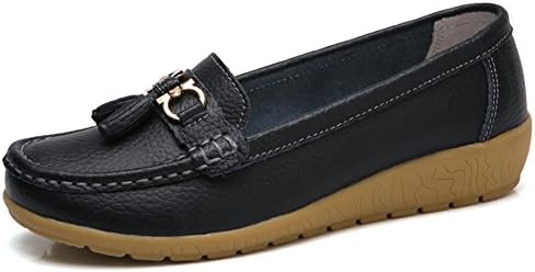 NiNE CiF Womens Leather Tassel Loafers Square Toe Slip Ons Moccasins(4.5 UK,Black)