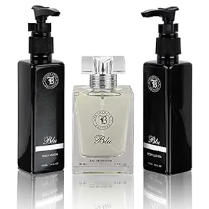 Fragrance & Beyond Blu Perfume 3 piece Set for Women | Packed in Elegant Gift Box | 80ML Eau De Parfum | 100ML Paraben Free Body Wash | 100ML SLS Free Body Lotion