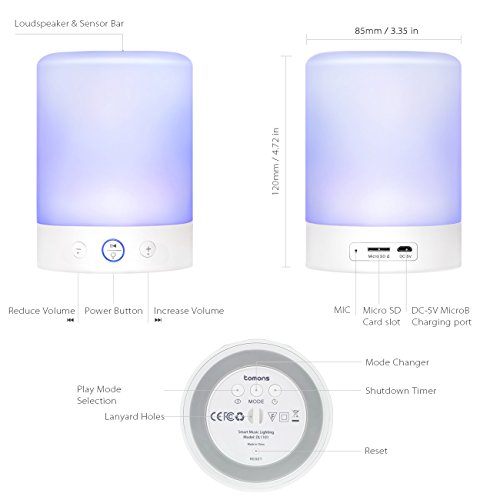 Tomons Illuminant Sound Tragbarer Bluetooth Lautsprecher LED Kinder Nachtlicht Touch Control Lamp mit LED Beleuchtung, Nachttischlampe mit 6 Lichtoptionen,Touch-Sensor, SD-Karten-Slot, Weiß - 5