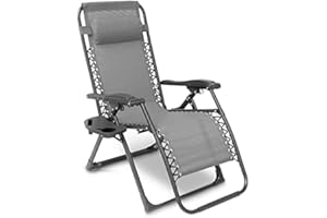 IBUYER Sun Lounger Garden Chairs with Cup and Phone Holders, Zero Gravity Reclining Beach Sun Lounger, Heavy Duty Outdoor Deck Folding Chair (1, Grey)