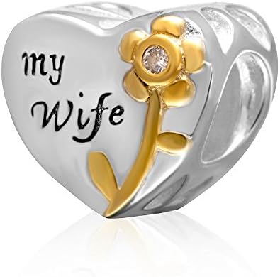 Love Heart to My Wife Gold Plated Rose 925 Sterling Silver Charm Christmas Anniversary Birthday Wedding Valentine's Day Gifts for European Charms Bracelets