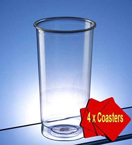 Disposable Plastic Pimms Glass/Slim Jim/Tall Glass 340ml (12 oz) Clear. Offer Pack of 90 glasses with 4 x AIOS drinks mats in box