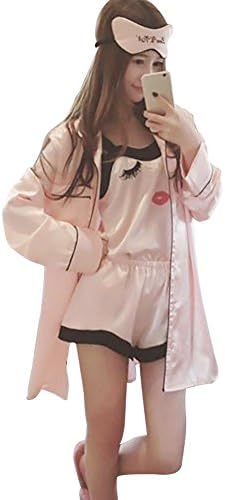 Landslide 4 Pcs Sleepwear Set Robe Suspenders Eye Mask Shorts Women Pajama Cami Set Silk Nightrobe Satin Nightwear Robes (M)
