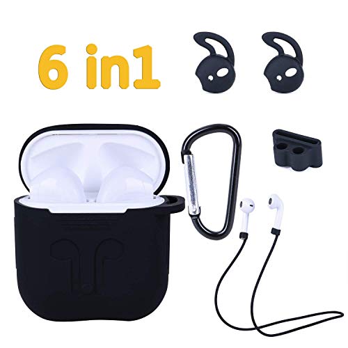 AirPods Case, ANDSTON 6 in 1 Airpods Accessories Kits Protective Silicone Skins Compatible for Apple Air pods with Airpod Watch Band Holder/Ear Hook/Anti-Lost Strap/Clip/Keychain/Grip(Black)