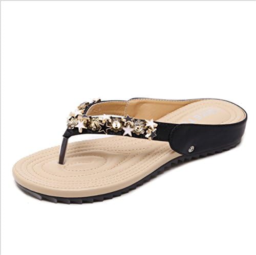 Ruanlei@Summer Sandals/Beach Sandals for Women/Flat Sandals/Sandals Pearls/Wedge Dress SandalsBeaded soft, comfortable, Black,35