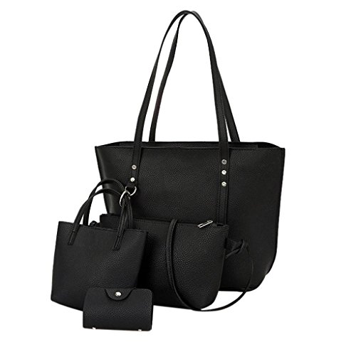 Preisvergleich Produktbild Tomatoa 4er Set Umhängetasche Damen Tasche,Große Umhängetasche + Mittlere Umhängetasche + Kleine Tasche + 1 Karte paket Handtasche Schulterbeutel Mädchen Schultertaschen (Schwarz)