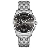 Reloj de Hamilton atemporal con caja de acero inoxidable de 42 mm de diámetro, esfera gris oscuro cubierta por un cristal de zafiro, tres contadores y agujas e índices en color plata i luminosos. Este reloj tiene un movimiento automático, calibre H-21, y una reserva de marcha de hasta 60 horas.