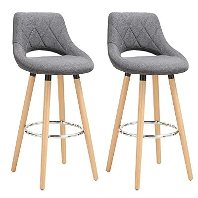 WOLTU Lot de 2 Tabourets de Bar Design avec Dossier et Repose-Pieds Fait de Lin et Bois Massif,Gris Foncé BH111dgr-2