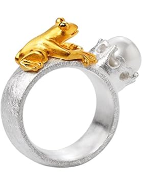 Drachenfels Damen-Ring Froschkönig Silber teilvergoldet Perle Brillantschliff Süßwasser-Zuchtperle weiß - D FR...