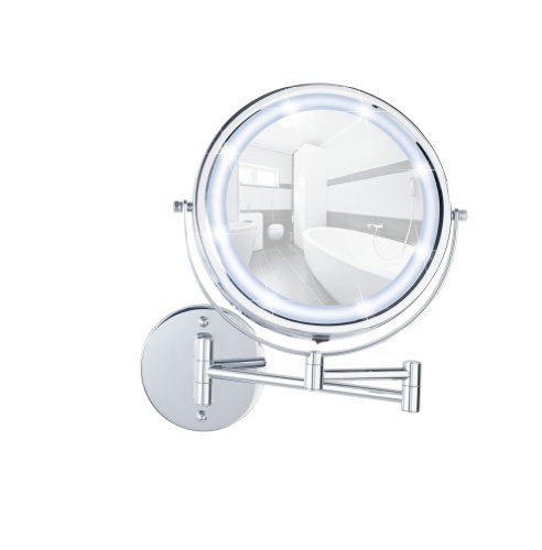 WENKO 3656530100 Power-Loc LED Wandspiegel Lumi – Befestigen ohne bohren, Spiegelfläche ø 17.5cm, 500% Vergrößerung, Stahl, 25.5 x 32 x 4-35 cm, Chrom - 8