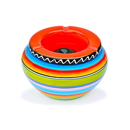 Aschenbecher aus Keramik - 4 Stück - bunt gestreift – mit rotem Deckel - neu