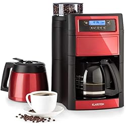Klarstein Aromatica II Duo - Machine à café avec moulin, Cafetière filtre, 1000 W, Verseuse en verre 1,25L, Thermos 1,25L, Timer, Filtres au charbon actif et permanent, rouge