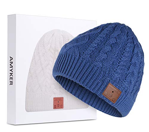 Azzker - Gorro de Invierno inalámbrico Bluetooth 5.0 con micrófono Integrado Desmontable y Altavoces estéreo HD para Familia y Regalo (02-Blue)