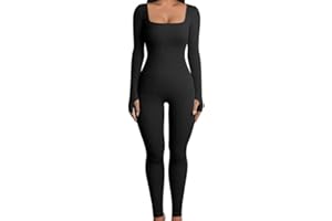 Rongseng Jumpsuit Damen Langarm Quadratischer Hals Sport Jumpsuit Lang Eng Stretch Einteiler Bodycon Yoga Bodysuit Overall Gerippt Gestrickt Workout Playsuits Sportanzug Trainingsanzug Club Outfit