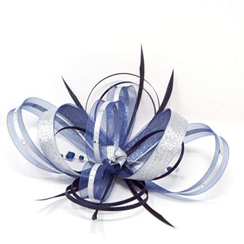 Navy blue fascinator with silver lurex trim & sparkling diamantè on