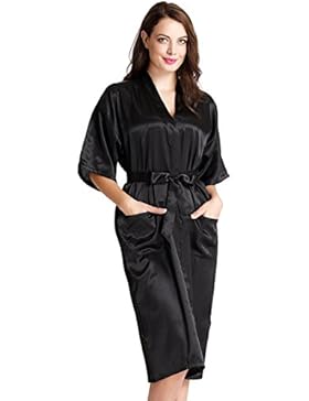 Aibrou Damen Morgenmantel Satin Robe Nachtwäsche Bademantel Kimono Negligee Seidenrobe Schlafanzug lang