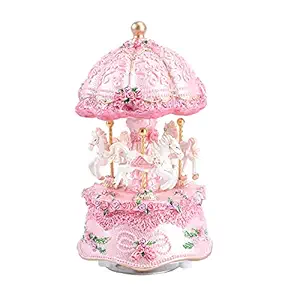 Luxury Creative Carousel Music Box Resin Color Change LED Light Luminous Rotating 3- Horse Merry- Go- Round Music Box Kids Girls Gift for Christmas Birthday Children' s Day ( Pink )