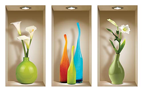 DIY Pegatinas Etiquetas para Pared Desmontables de Vinilo 3D Arte Mágico de Nisha, Conjunto de 3, Jarrones de Colores