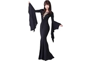 Fortunehouse Women's Morticia Addams Floor Dress Costume Adult Gothic Witch Vintage Dress, Black