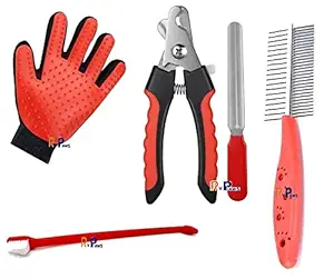 RvPaws Dogs Grooming Kit    Double Side Comb, Nail Cutter, Tooth Brush and Glove for Puppy, Cat and Kitten    Combo of 4