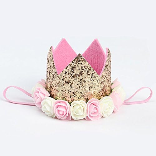 SLHP Crown Infant Flower Golden Crown Baby Birthday Party Headband Festival Princess Letter Hat Children Girls Rose Tiara (I)
