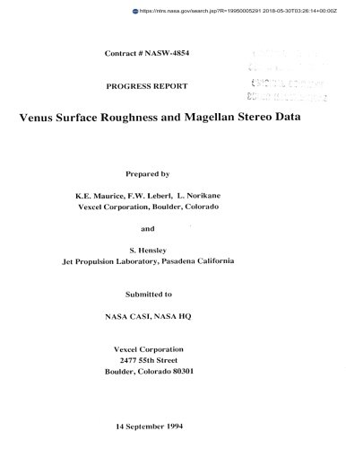 Preisvergleich Produktbild Venus Surface Roughness and Magellan Stereo Data