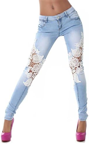 Women Low Waist Lace Denim Pants Medium
