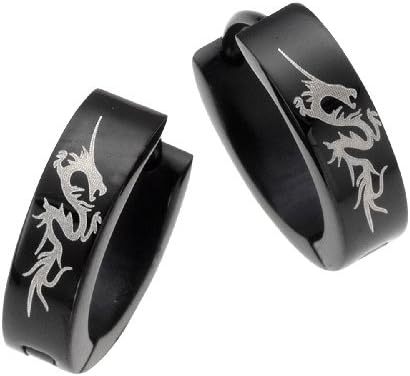 ZEEme Stainless Steel 385010010 Hooped Earrings Black with White Dragon