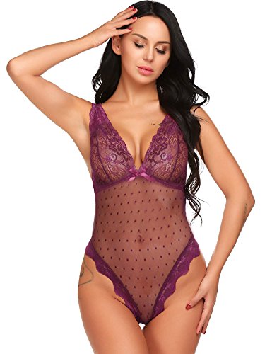 Mujeres Encaje Lencería Sexy Ropa interior Conjunto Ropa de dormir profundo con cuello en V
