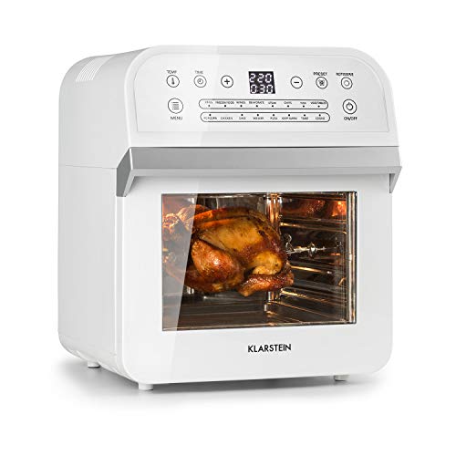 Klarstein AeroVital Cube - Friteuse à air chaud, 16 programmes, Capacité de 12L, Thermostat réglable de 50 à 220°C, Minuterie, Broche de rôtissoire, Blanc