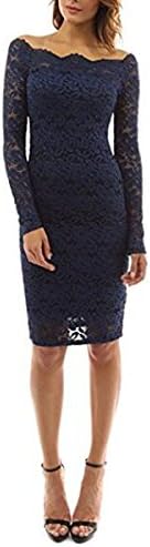 QQI Women Off-Shoulder 3/4 Sleeve Short Lace Dress Long Sleeve Cocktail Party Dress Bodycon Slim Mini Dress Party Dress (Tag Size 3XL (UK 26-28), Dark Blue)