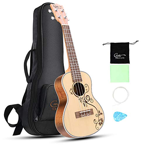 Hricane Ukelele - Ukulele da concerto in abete rosso da 23 pollici, con stampa laser a fiori per principianti