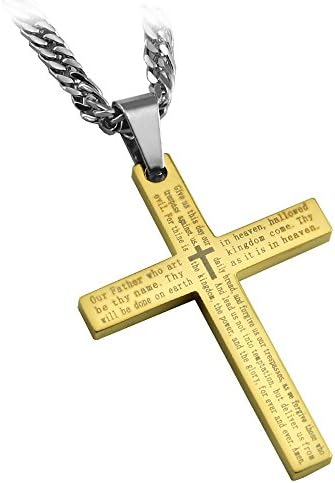Stainless Steel Gold Lords Prayer Cross Pendant with English Scripture Including 24" Curb Chain from No God - No Peace. Know God - Know Peace!