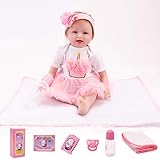 Beborn bebé juego de muñecas de 9 piezas: muñeca renacida de 22 pulgadas, falda exquisita, banda para el cabello, pañal, biberón, chupete magnético, certificado de nacimiento, bolsa protectora, paquete de regalo.