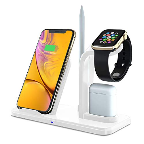 Bestrans Fast Wireless Charger 3 in 1 mit Stylus Stift Stand, Wireless Ladegerät Ladestation für AirPods Apple Watch 4/3/2/1, iPhone XS/XS Max/XR/X/8/8 Plus, alle Qi-fähigen Telefone (Weiß-4in1)