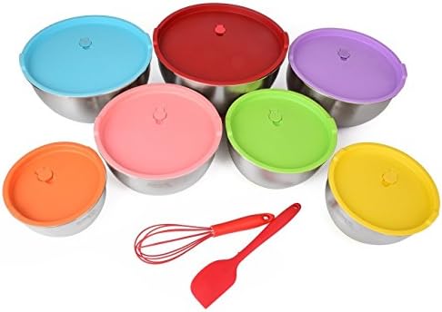 Mixing Bowl Super Set With Lids - Stainless Steel, Nesting for Easy Storage, Non-Slip Silicone Bottom, 7 Polished Mirror Finish Bowls - FREE Whisk &amp; Spatula (by KitchenPalz)